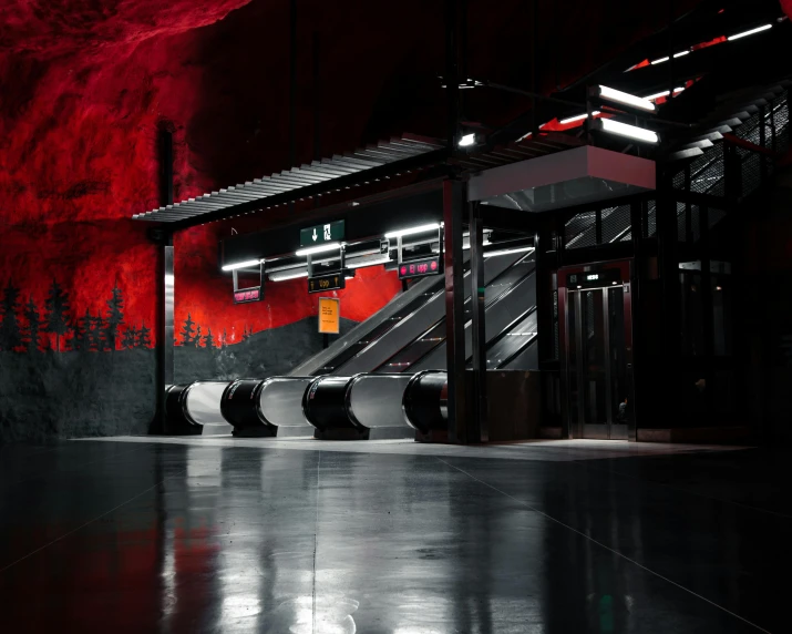 a train station with red lights and escalators, inspired by Elsa Bleda, pexels contest winner, graffiti, underground lake, black mesa, brutalist futuristic interior, red and black