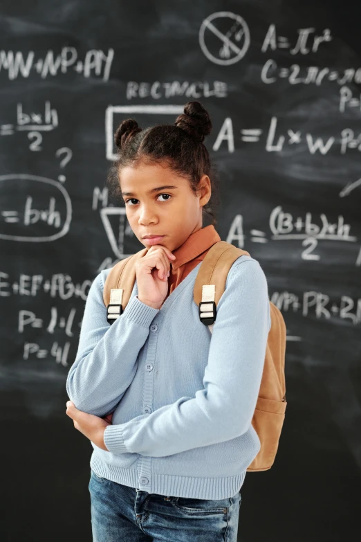 a young girl standing in front of a blackboard, shutterstock contest winner, renaissance, willow smith young, math equations in the background, looking serious, 15081959 21121991 01012000 4k