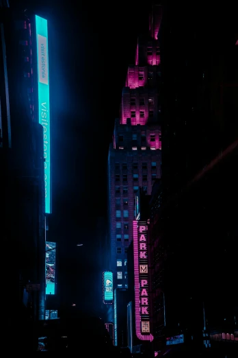 a city street at night with neon lights, inspired by Beeple, unsplash contest winner, new york buildings, pink and blue neon, pink light, neon inc