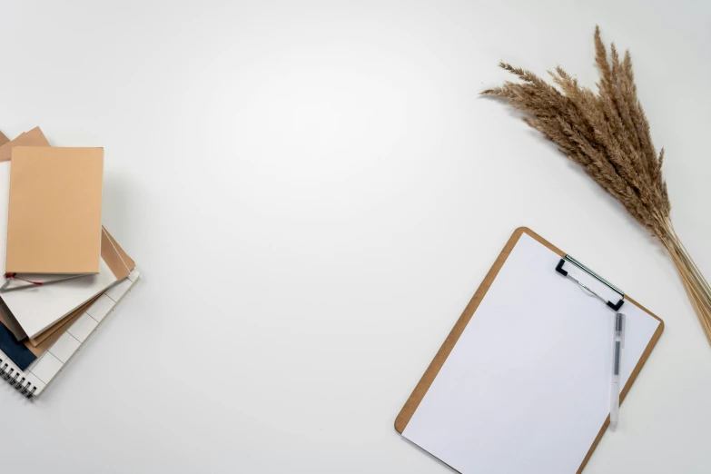 a clipboard sitting on top of a table next to a bunch of papers, minimalism, feather pen, background image, white backdrop, flatlay book collection