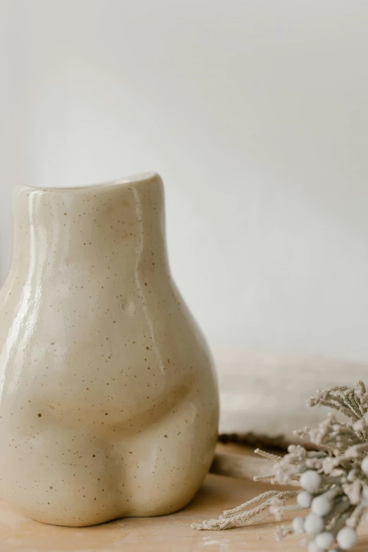 a white vase sitting on top of a wooden table, by Rebecca Horn, unsplash, mingei, small nose with freckles, beige cream natural muted tones, detailed product image, bust view