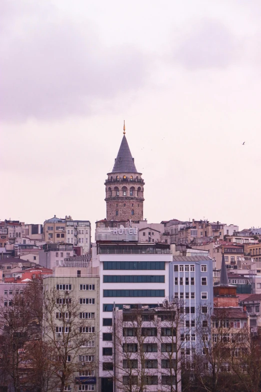 a large clock tower towering over a city, a colorized photo, inspired by Niyazi Selimoglu, pexels contest winner, turkey, purple roofs, soft morning light, square