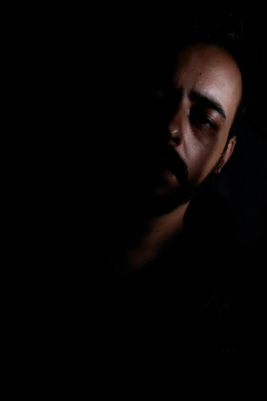 a man looking at his cell phone in the dark, an album cover, inspired by Ahmed Yacoubi, antipodeans, tight face shot portrait, shadow, profile picture 1024px, tired haunted expression