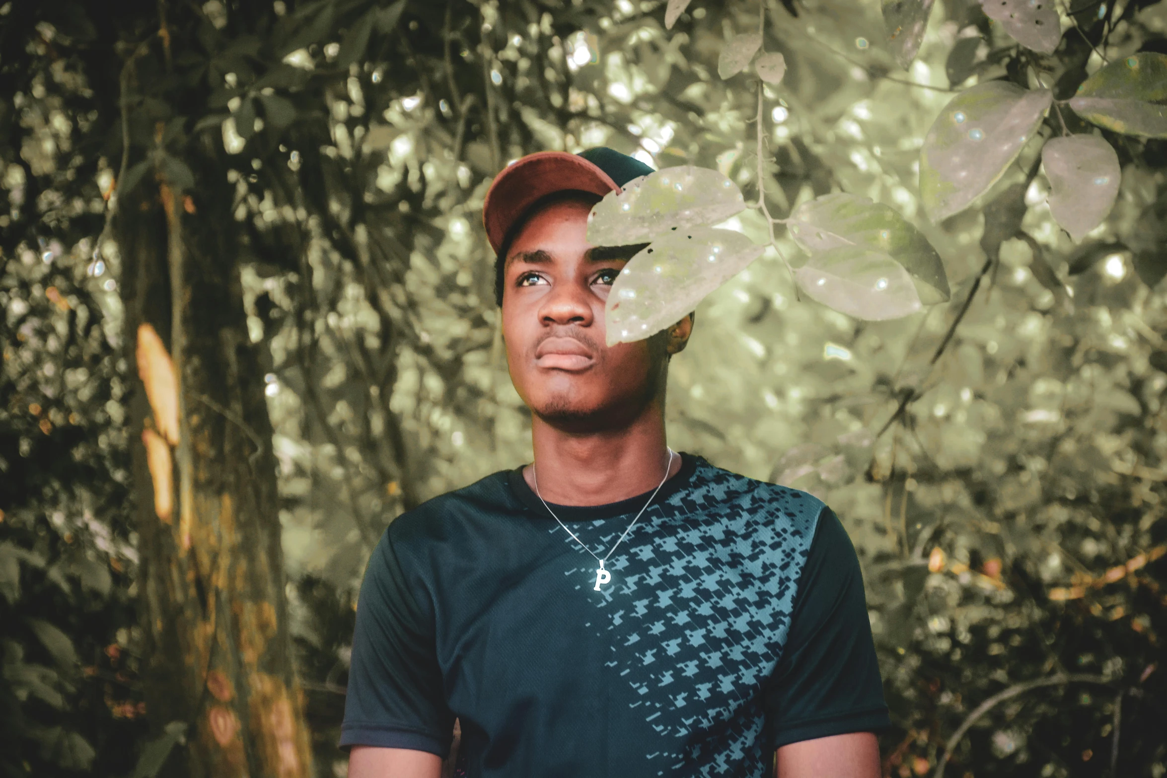 a man standing in the middle of a forest, by Marshall Arisman, pexels contest winner, black teenage boy, halfbody headshot, discord profile picture, isolated background