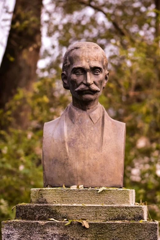 a bust of a man sitting on top of a stone pedestal, inspired by Gyula Aggházy, art nouveau, thin moustache, symmetrical long head, al fresco, short neck