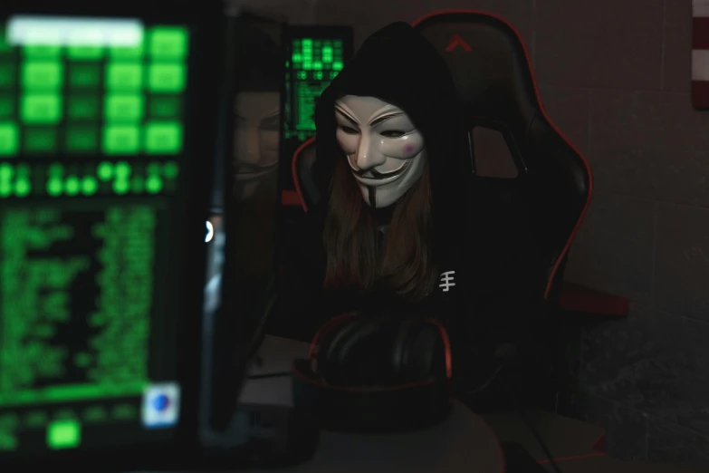 a woman wearing a mask sitting in front of a computer, by Romain brook, pexels contest winner, computer art, crypto, riot games, wearing a black hoodie, scamming