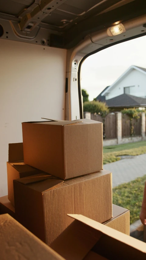 a couple of boxes sitting in the back of a van, next to a window, close - up photograph, digital image, item