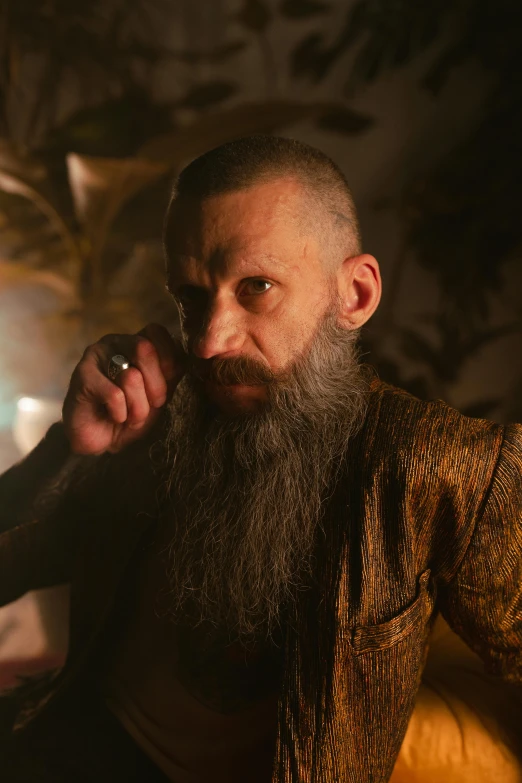 a man with a long beard holding a knife, epic scifi movie still, brown buzzcut, old male warlock, square