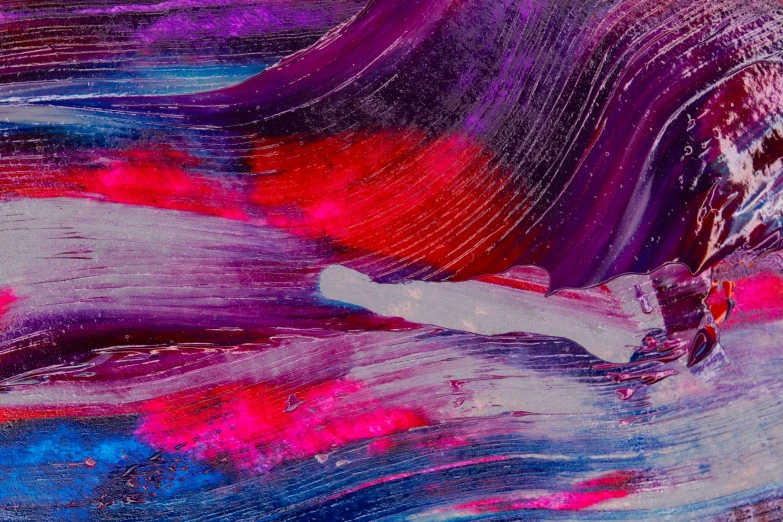 a close up of a painting of a person on a surfboard, an abstract painting, inspired by Julian Schnabel, trending on pexels, red and purple nebula, second colours - purple, fuchsia and blue, unsplash transparent fractal