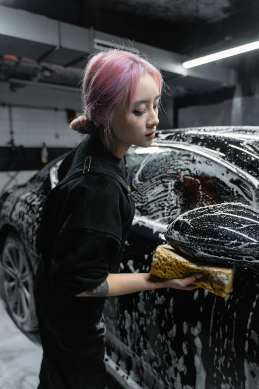 a woman washing a car with a sponge, a portrait, by An Gyeon, pexels contest winner, renaissance, ross tran and bayard wu, made of smooth black goo, square, 2717433015
