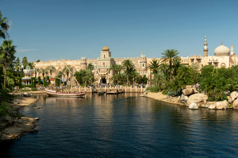 a body of water with a building in the background, a photo, an amusement park in old egypt, ben hur, with palm trees in the back, promo image