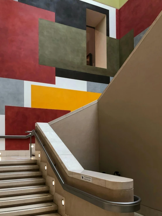 a close up of a set of stairs in a building, inspired by Bauhaus, academic art, earthy colours, public works mural, nationalgalleryofart, rembrandt lighting scheme