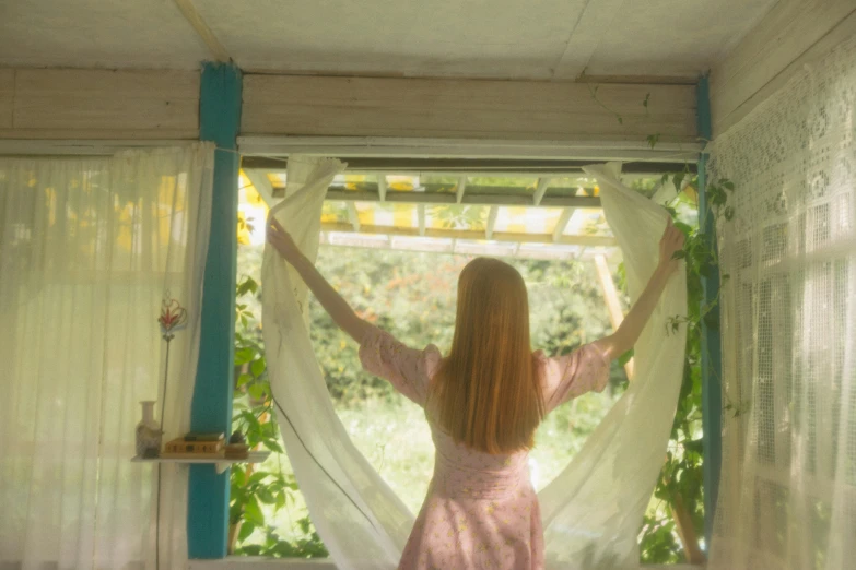 a woman that is standing in front of a window, cottagecore hippie, sadie sink, view from inside, 8 k film still