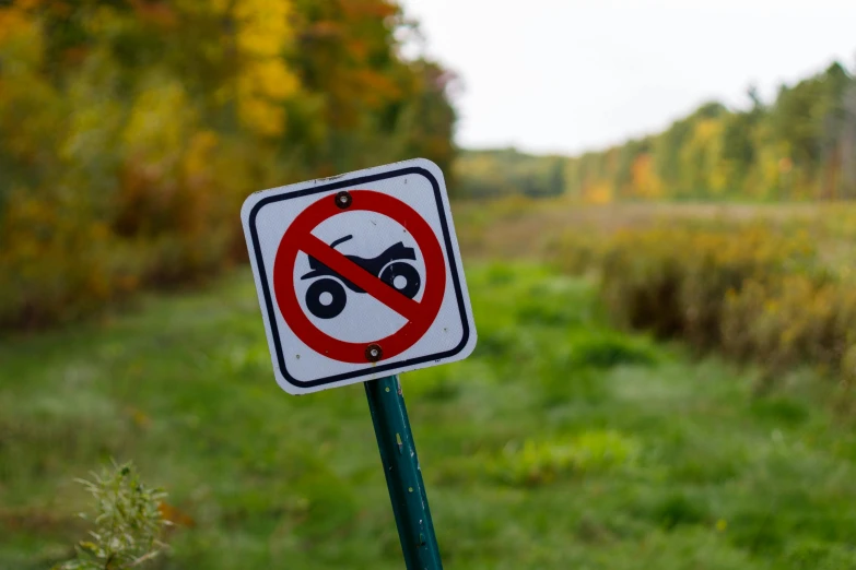 a red and white sign sitting on top of a green pole, a picture, by Julia Pishtar, pexels, excessivism, off-roading, buggy, no - text no - logo, an open field