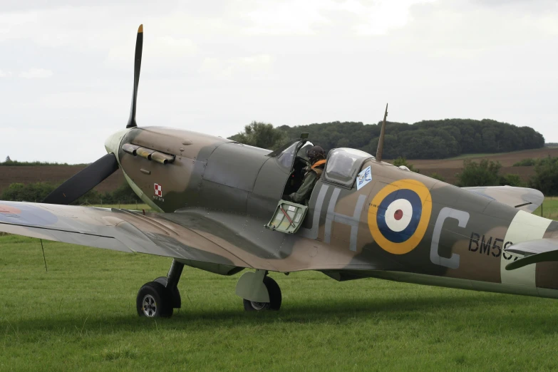 a small plane sitting on top of a lush green field, spitfire, profile image, museum photo, slide show
