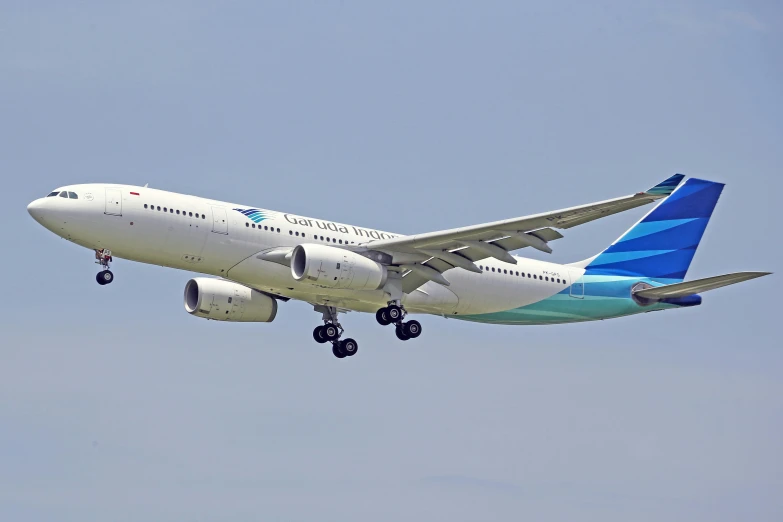 a large jetliner flying through a blue sky, a picture, hurufiyya, brown and cyan color scheme, jakarta, ( 3 1, long tail