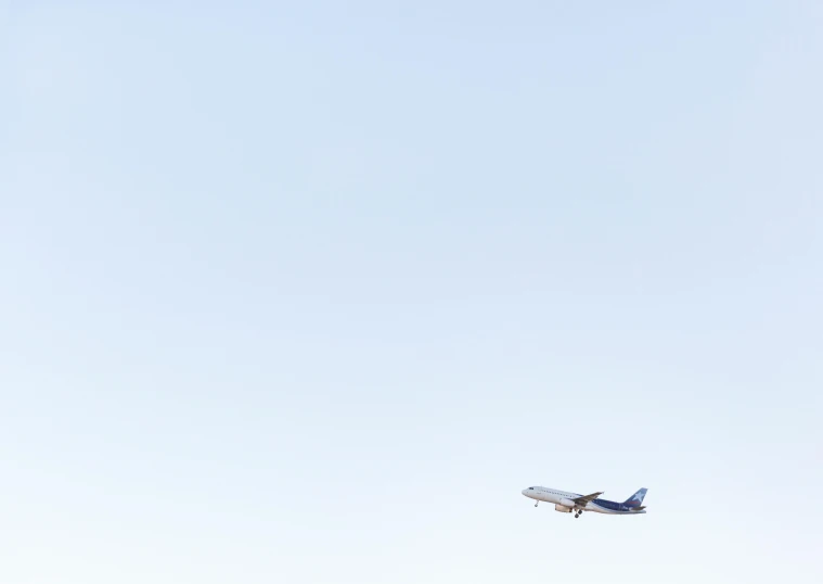 a large jetliner flying through a blue sky, by Matthias Weischer, minimalism, white sky, hunting, blues, thumbnail