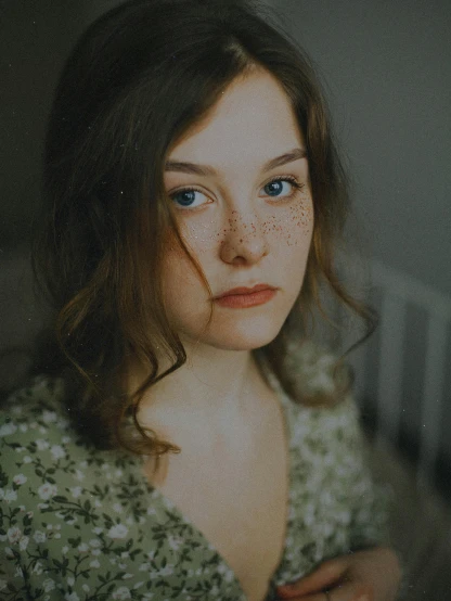 a close up of a woman with freckles on her face, a picture, inspired by Elsa Bleda, trending on pexels, renaissance, portrait of depressed teen, 🤤 girl portrait, halfbody portrait, frightened look