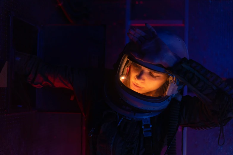 a close up of a person in a space suit, inspired by roger deakins, pexels contest winner, natalia dyer, emma watson vietnam door gunner, beeple global illumination, set photo
