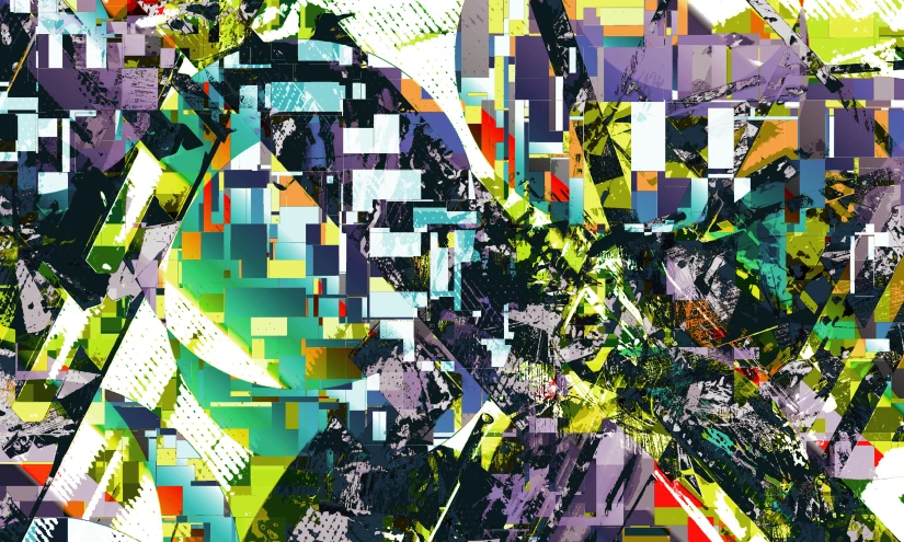 a painting of a bunch of different colors, an abstract painting, inspired by Tomokazu Matsuyama, deviantart, panfuturism, montage of grid shapes, digital ilustration, yellow purple green black, intricate environment - n 9