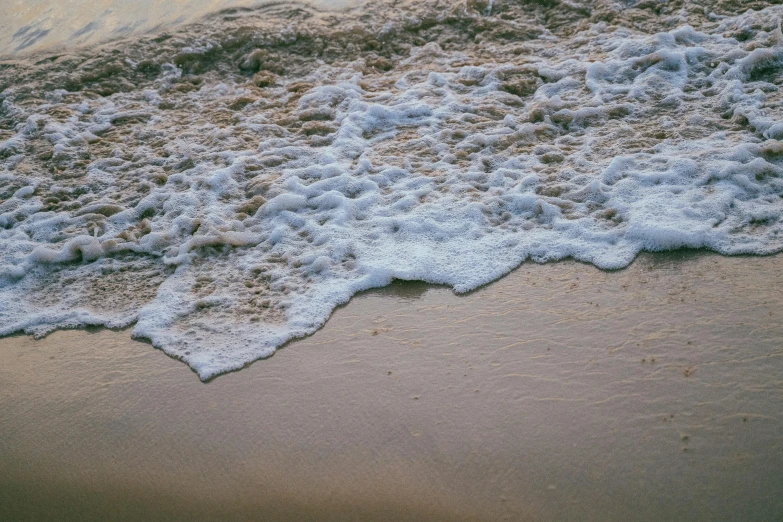 a body of water sitting on top of a sandy beach, inspired by Elsa Bleda, unsplash, happening, foamy waves, white foam, early evening, brown water