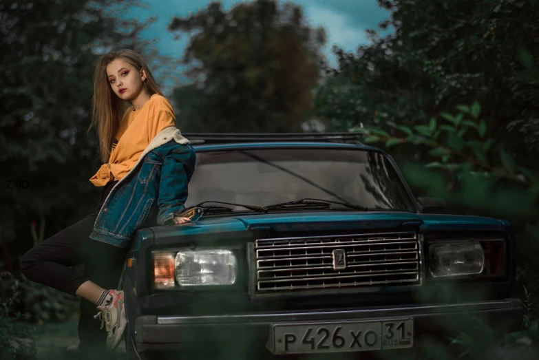 a woman sitting on the hood of a car, inspired by Elsa Bleda, pexels contest winner, russian lada car, avatar image, teenage girl, square