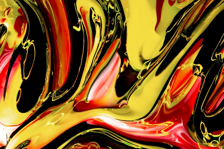 a red, yellow, and black abstract painting, a digital painting, inspired by Abraham van Calraet, trending on pexels, liquid metal, shades of aerochrome gold, uploaded, dichroic