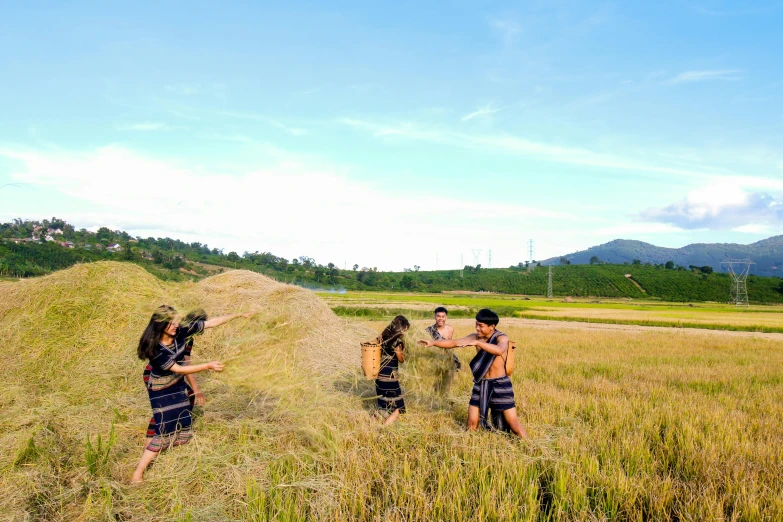 a group of people standing in a field, by Julia Pishtar, pexels contest winner, land art, ao dai, thatched roof, avatar image