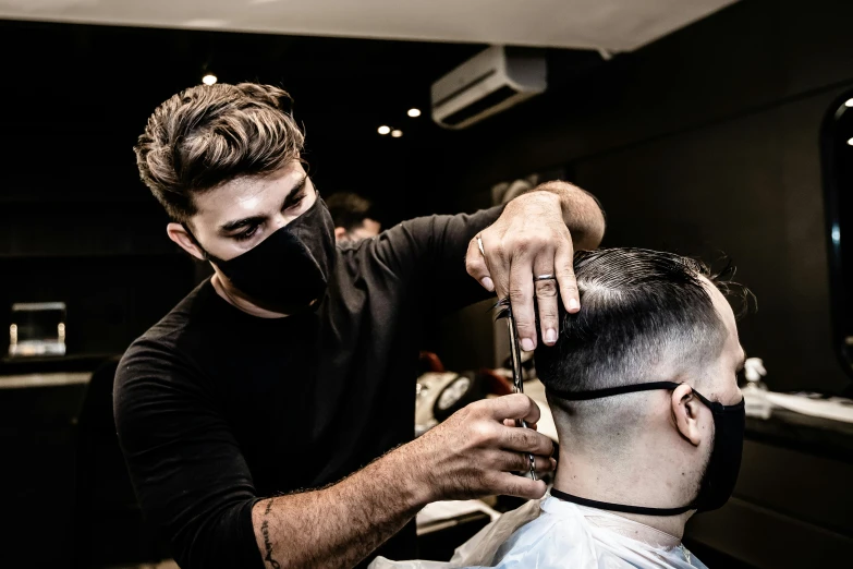 a man getting his hair cut at a barber shop, by Niko Henrichon, pexels contest winner, lachlan bailey, mask off, profile image, sam nassour