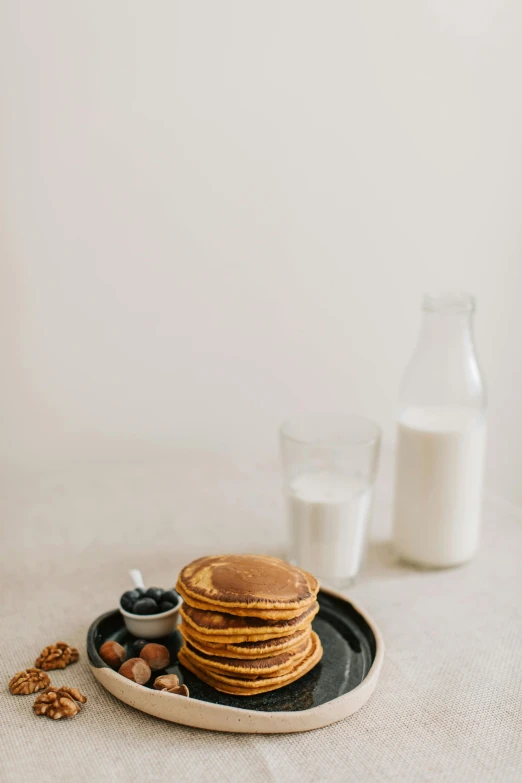 a stack of pancakes sitting on a plate next to a glass of milk, a still life, trending on pexels, nut, high quality photo, thumbnail, 2 5 6 x 2 5 6 pixels