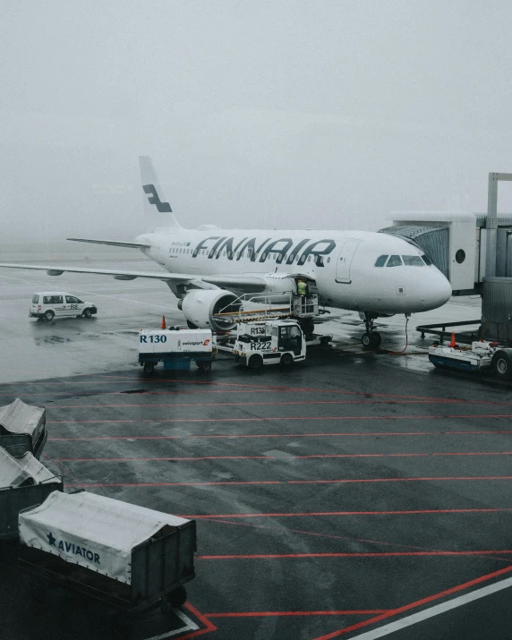 a large jetliner sitting on top of an airport tarmac, by Emma Andijewska, pexels contest winner, rainy and foggy, scandinavian, non-binary, in suitcase