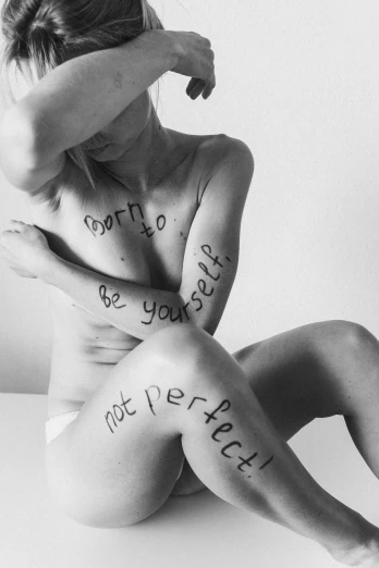 a naked woman with writing on her body, tumblr, conceptual art, perfectionism, no imperfections, instagram picture, scars