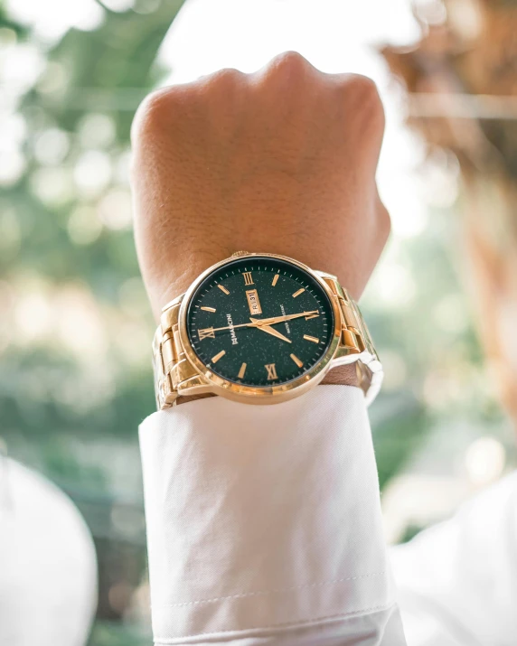 a close up of a person wearing a watch, inspired by Kinichiro Ishikawa, unsplash, renaissance, gold and green, wearing presidential band, thumbnail, overlooking