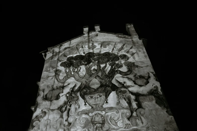 a black and white photo of a clock tower, by Luis Paret y Alcazar, street art, the masks come off at night, gui guimaraes, neo rococo expressionist, 3 6 0 projection