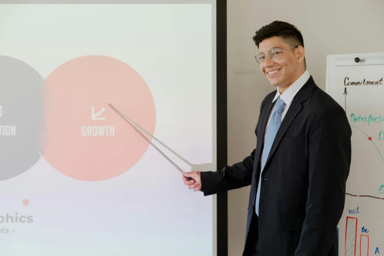 a man standing in front of a projector screen, by Gavin Hamilton, trending on unsplash, analytical art, wearing a suit and glasses, holding a thick staff, asian male, school curriculum expert