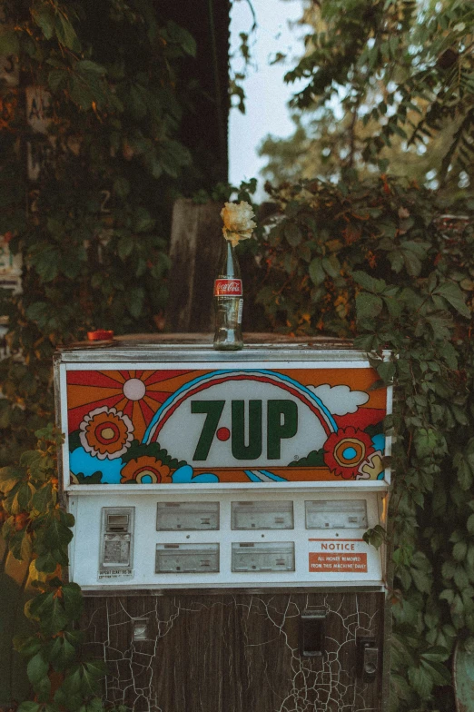 a vending machine sitting on the side of a road, an album cover, unsplash contest winner, zippers, hop cone juice, wlup, 70s colors