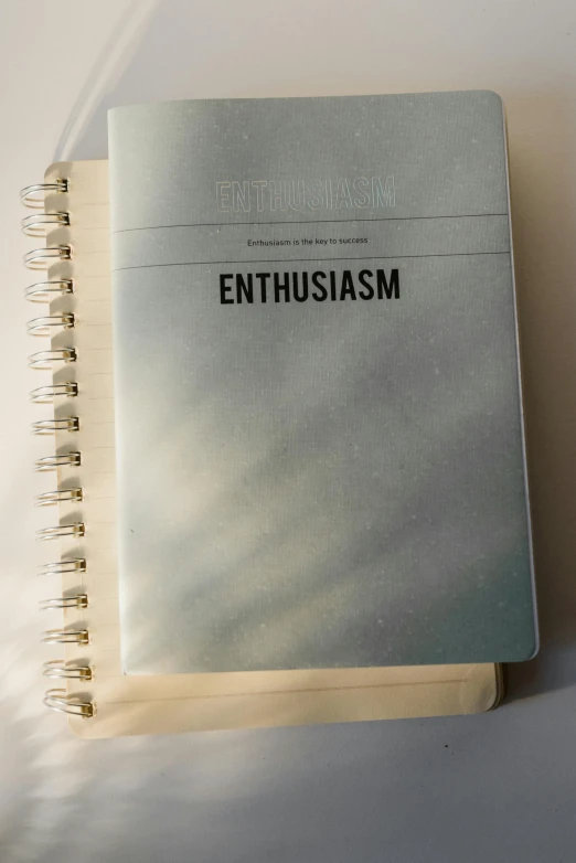 a book sitting on top of a white table, antidisestablishmentarianism, excitement, embossed, notebook