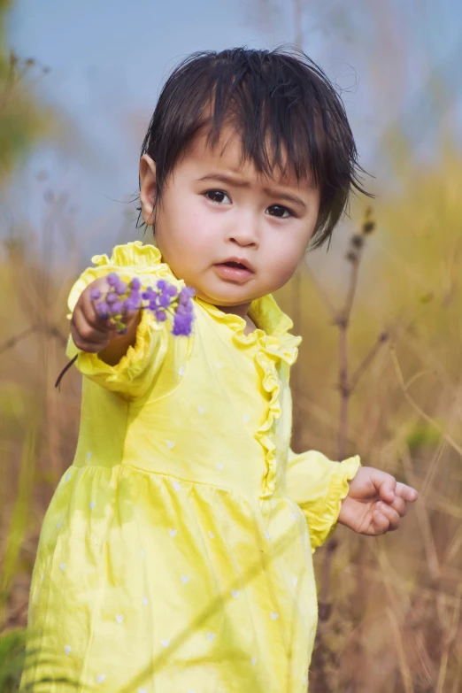 a little girl in a yellow dress holding a flower, shutterstock contest winner, purple, nivanh chanthara, on location, 2 years old