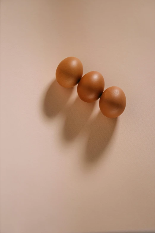 three brown eggs sitting on top of a white counter, an album cover, unsplash, hyperrealism, paul barson, creamy skin, terracotta, profile image