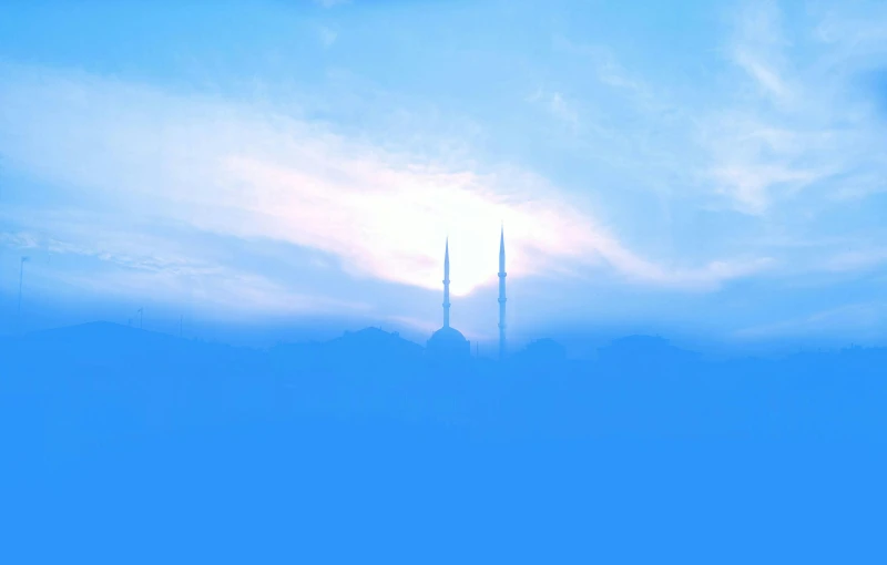 a large body of water with a tower in the background, an album cover, by Ismail Acar, pexels contest winner, hurufiyya, gradient light blue, :: morning, two towers, mobile wallpaper