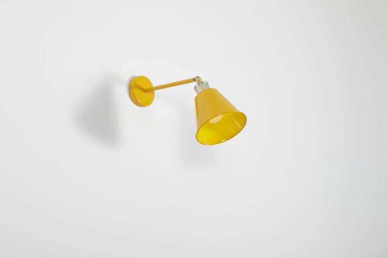 a yellow wall light on a white wall, by Doug Ohlson, orange metal ears, h 768, cone