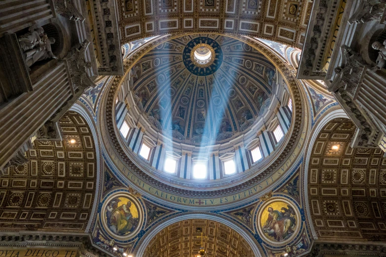 the ceiling of st peter's basilica in rome, by Cagnaccio di San Pietro, unsplash contest winner, glowing halo above his head, 2 5 6 x 2 5 6, sun lighting from above, mixed art