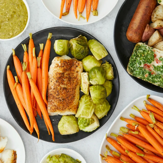 a table topped with lots of different types of food, romanesco broccoli, full device, full plate, 6 pack