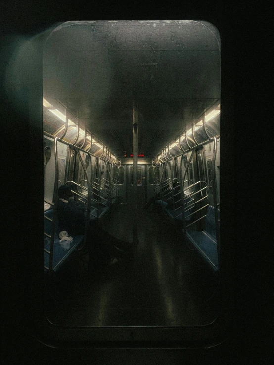 a view of the inside of a subway car, an album cover, inspired by Elsa Bleda, hyperrealism, guillem h. pongiluppi, in an empty black room, instagram picture, dark. no text