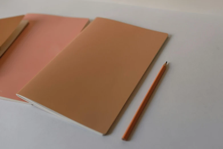 a couple of notebooks sitting on top of a table, pale orange colors, thumbnail, very minimalistic, no people