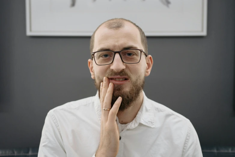 a man wearing glasses and a white shirt, a picture, by László Balogh, unsplash, hyperrealism, avatar image, demna gvasalia, professional profile photo, russian academic