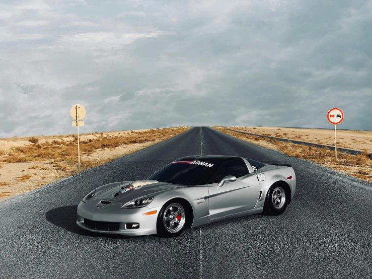 a silver sports car parked on the side of a road, a portrait, by Gavin Nolan, unsplash, photorealism, on a desert road, silver gold red details, pulling the move'derp banshee ', thunderbolt