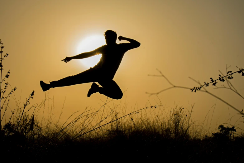 a silhouette of a person jumping in the air, pexels contest winner, arabesque, martial art pose, avatar image, afternoon sunshine, set photo