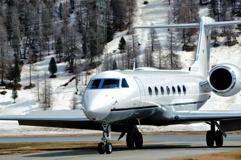 a white jet sitting on top of an airport runway, by Bernard D’Andrea, pexels contest winner, private press, in the swiss alps, avatar image, brown, 3/4 side view