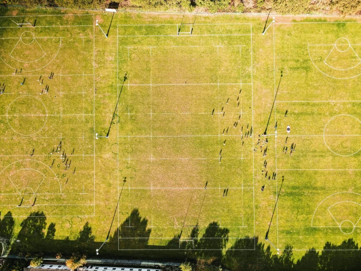 a group of people standing on top of a lush green field, an aerial tennis court, football, very long shadows, overhead photography